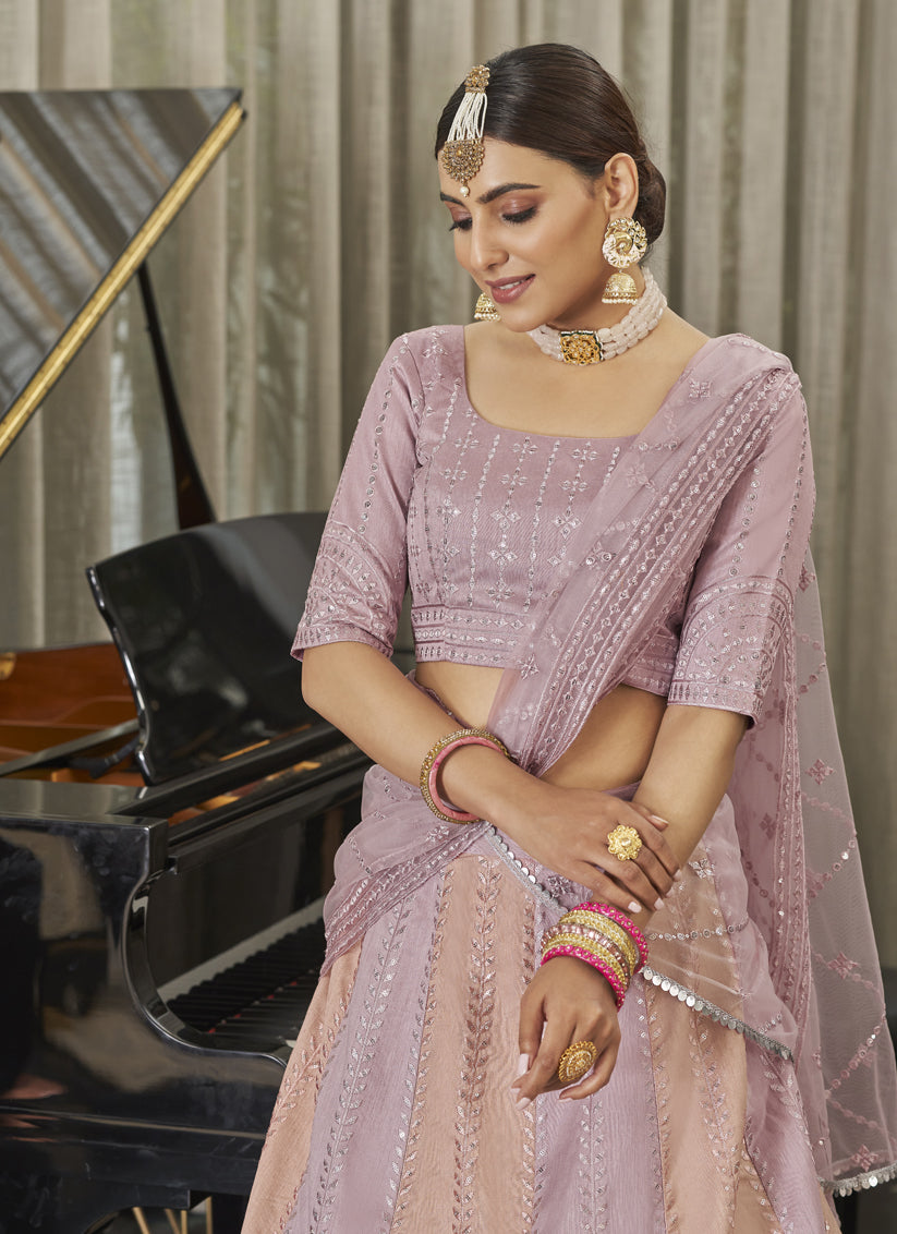 Mauve and Peach Art Silk Embroidered Lehenga Choli