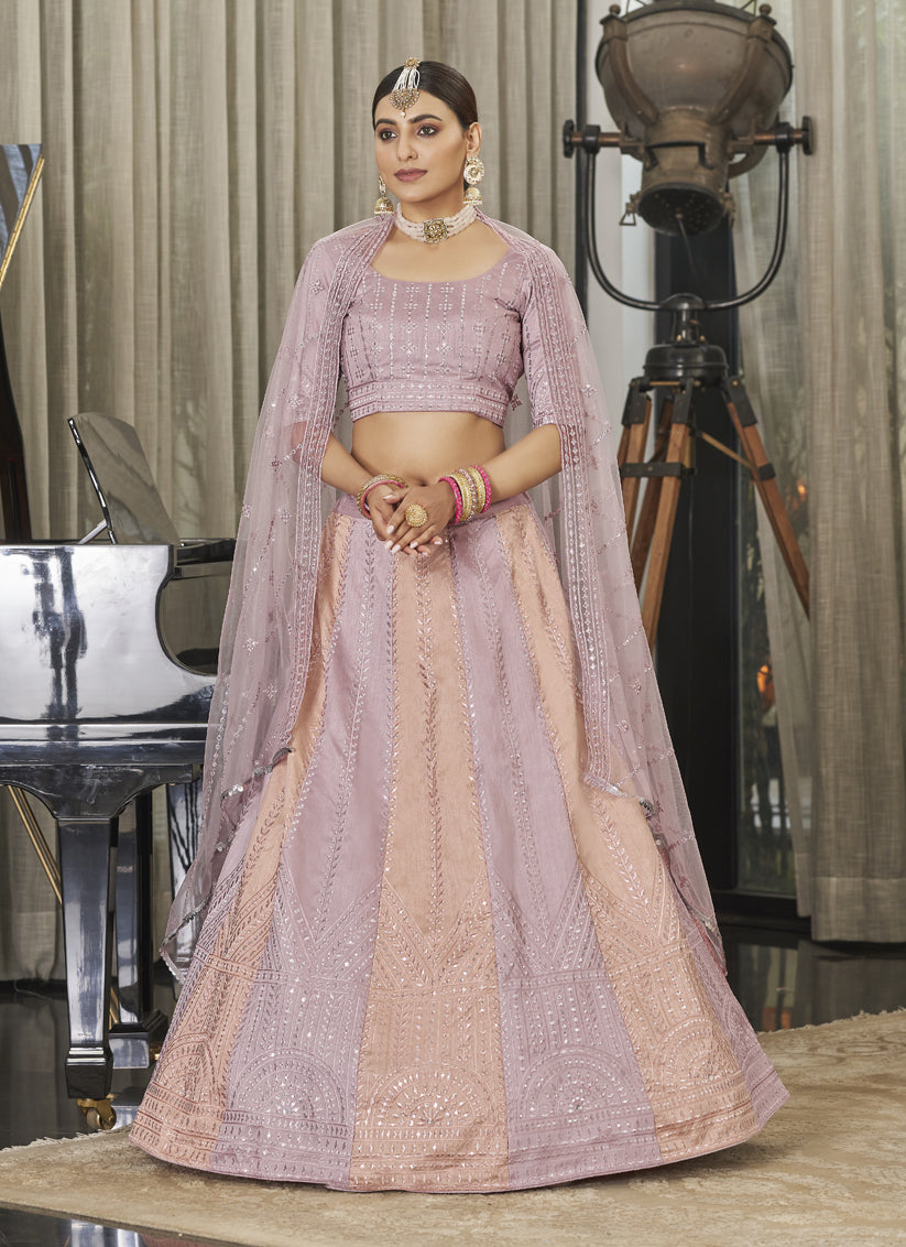 Mauve and Peach Art Silk Embroidered Lehenga Choli