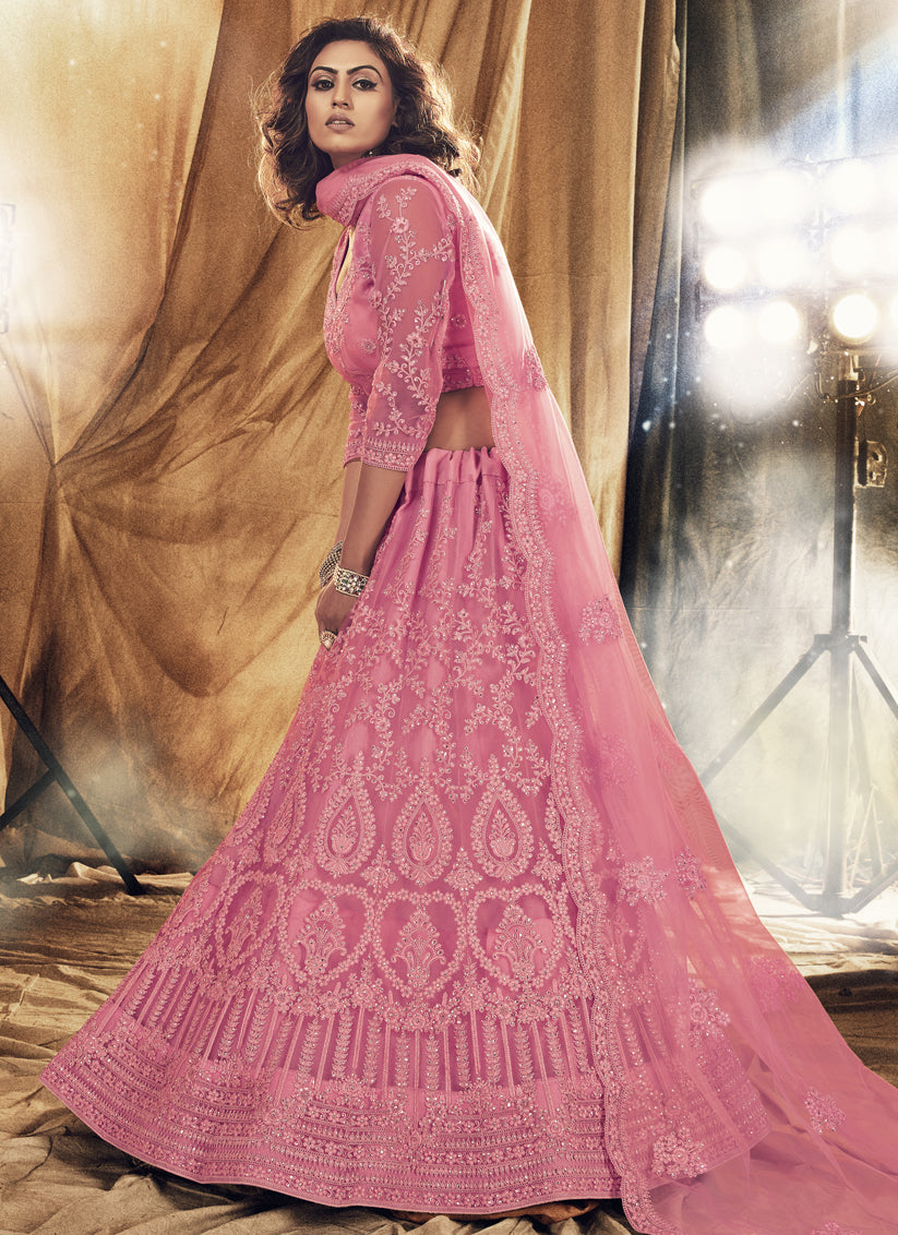 Pink Net Embroidered Wedding Lehenga Choli