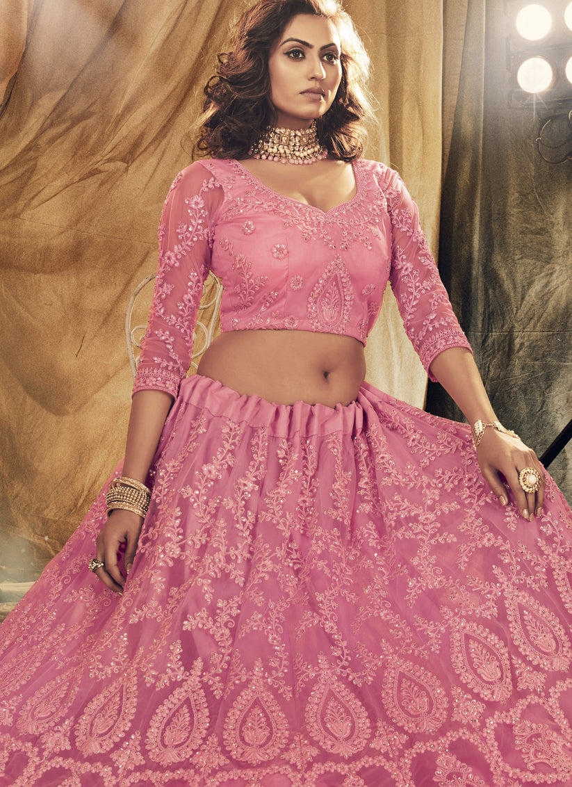 Pink Net Embroidered Wedding Lehenga Choli