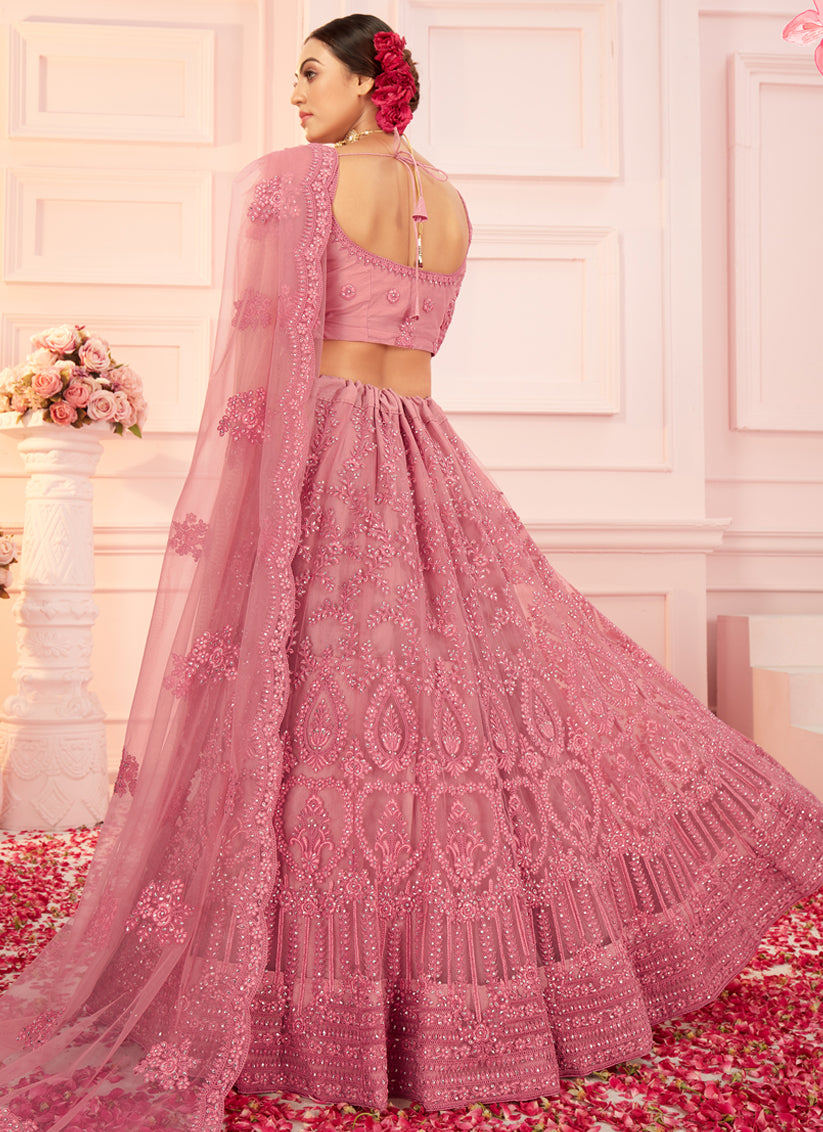 Pink Net Embroidered Designer Wedding Lehenga Choli