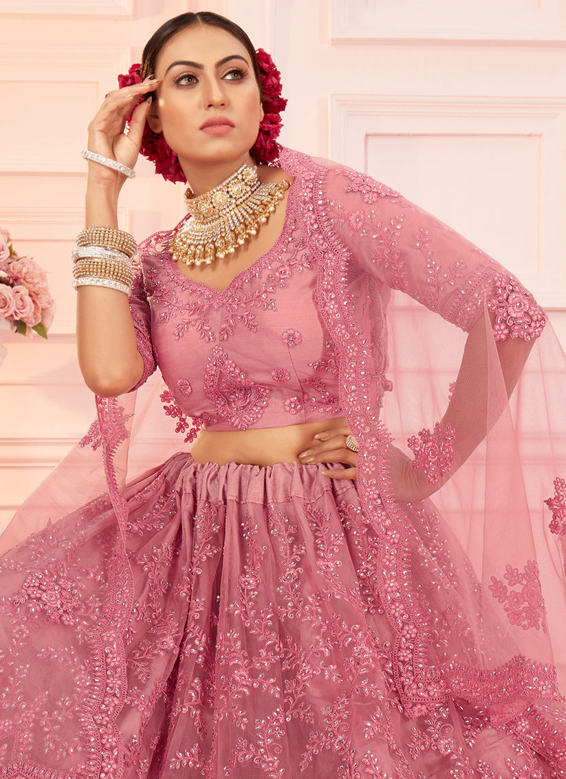 Pink Net Embroidered Designer Wedding Lehenga Choli