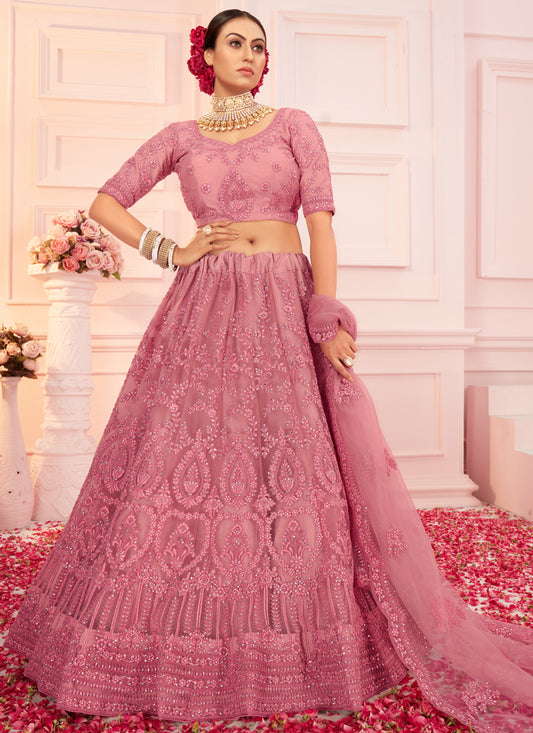 Pink Net Embroidered Designer Wedding Lehenga Choli