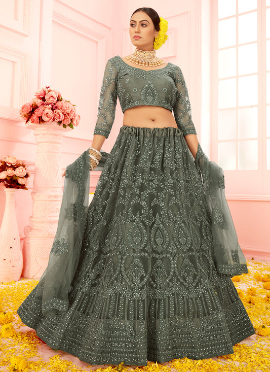 Moss Grey Net Embroidered Designer Wedding Lehenga Choli