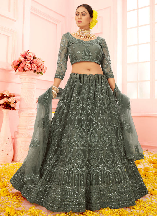 Moss Grey Net Embroidered Designer Wedding Lehenga Choli