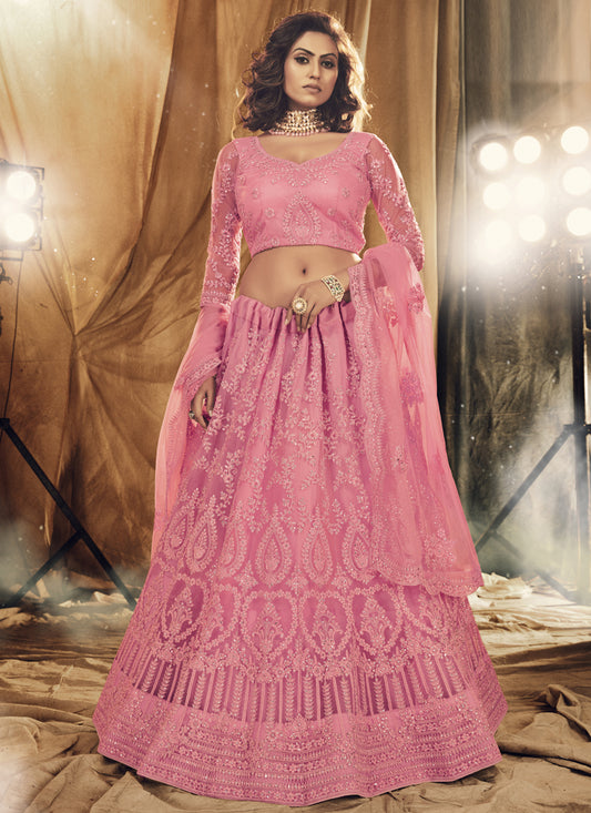 Pink Net Embroidered Wedding Lehenga Choli