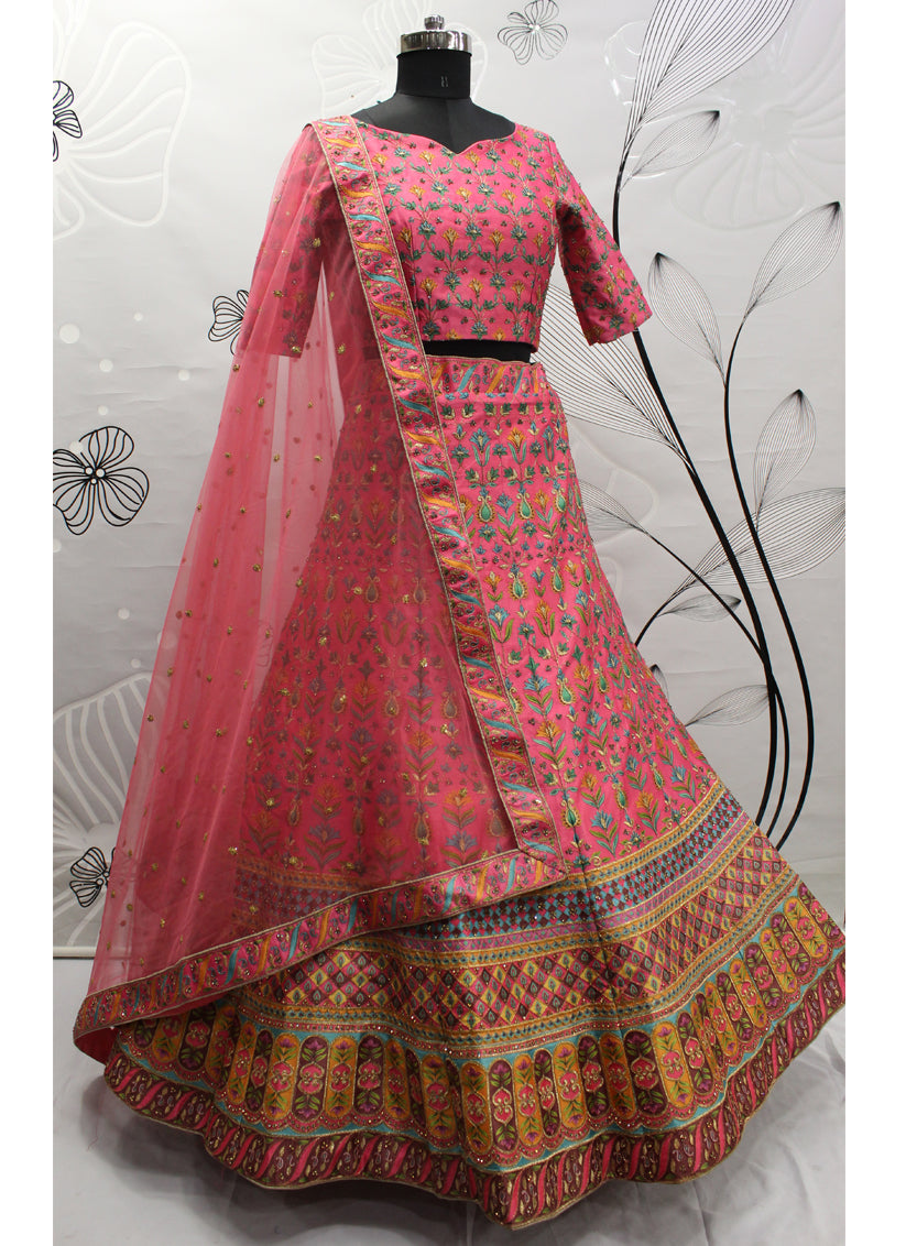 Pink Art Silk Embroidered Wedding Lehenga Choli