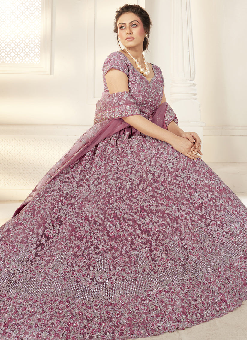 Mauve Net Embroidered Designer Wedding Lehenga Choli