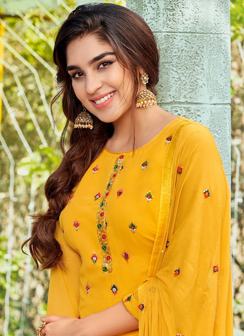 Mustard Yellow Faux Georgette Embroidered Ready Made Patiala Suit