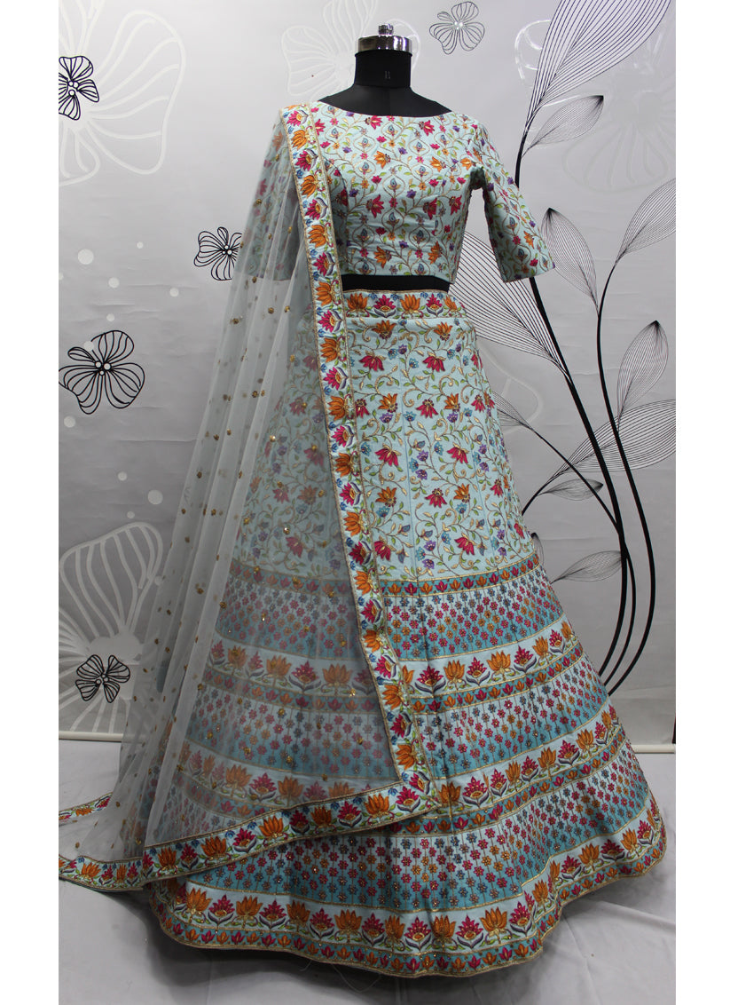 Breeze Blue Art Silk Embroidered Wedding Lehenga Choli