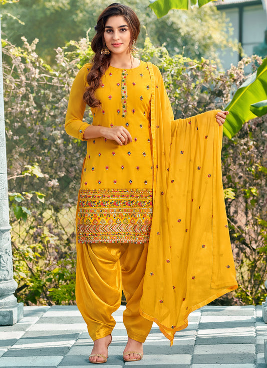 Mustard Yellow Faux Georgette Embroidered Ready Made Patiala Suit