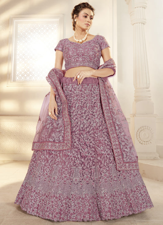 Mauve Net Embroidered Designer Wedding Lehenga Choli