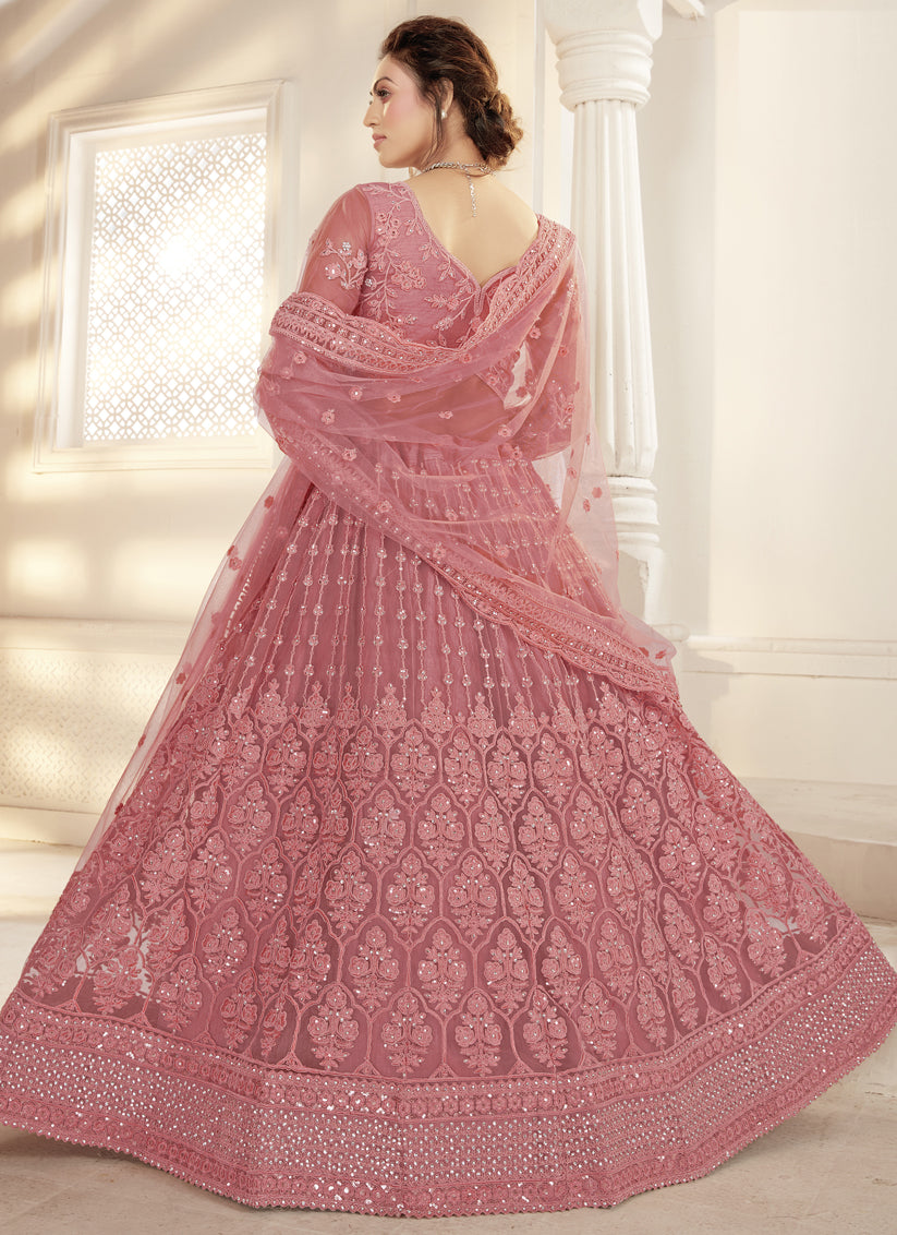 Coral Pink Net Embroidered Designer Wedding Lehenga Choli