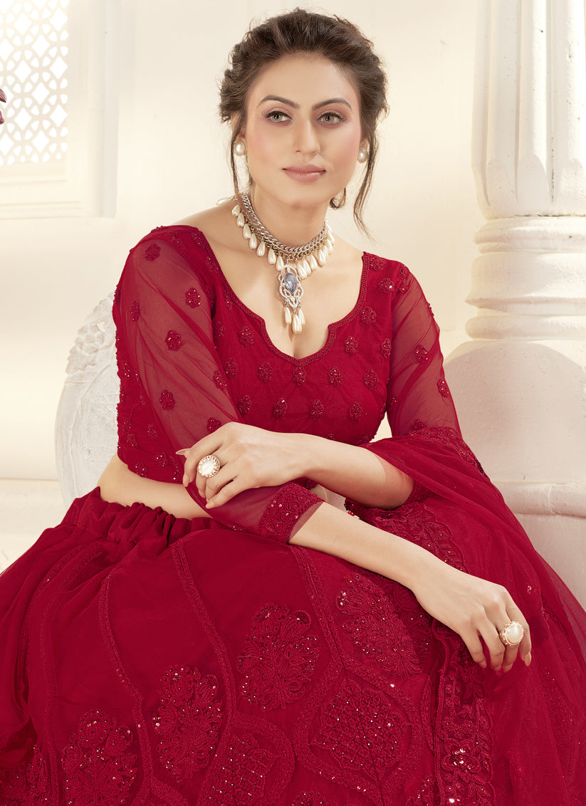 Raspberry Net Embroidered Designer Wedding Lehenga Choli