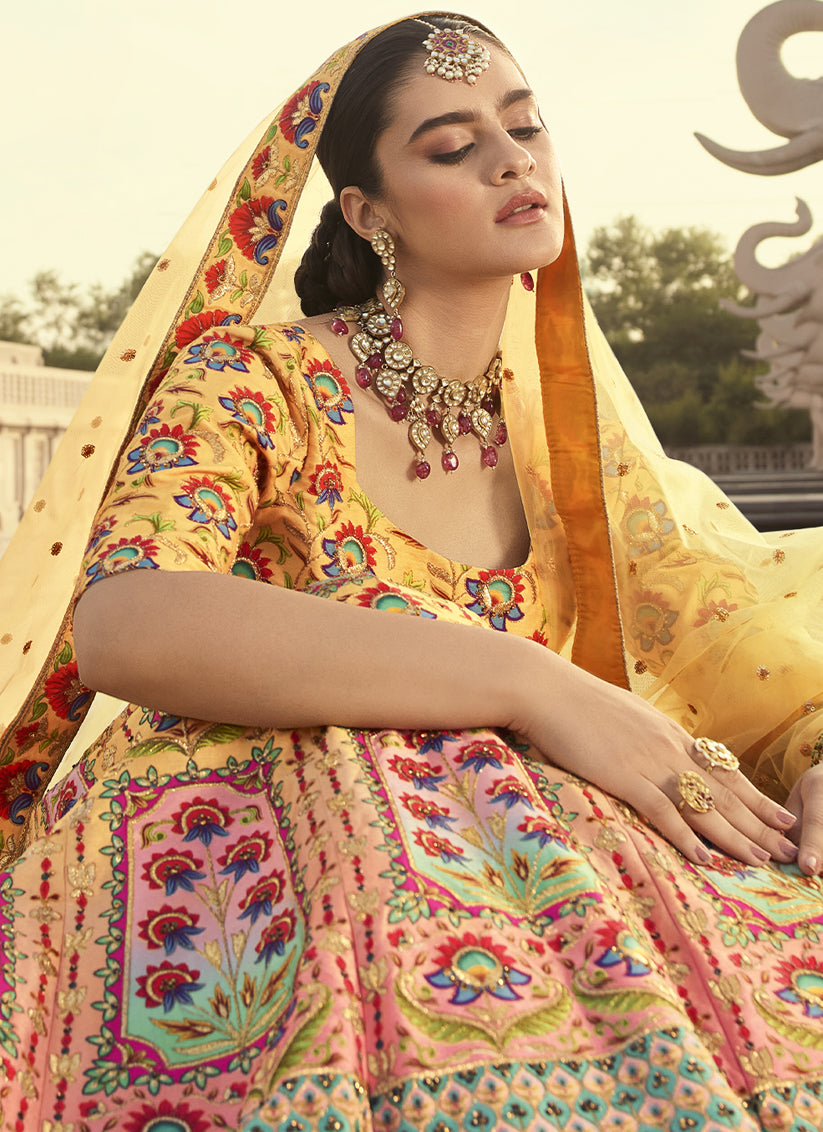 Multicolor Art Silk Embroidered Wedding Lehenga Choli