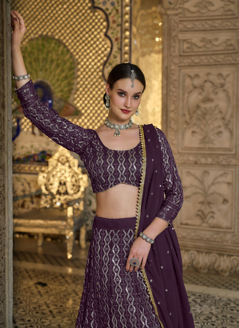 Burgundy Pure Georgette Sequins Embroidered Designer Lehenga Choli