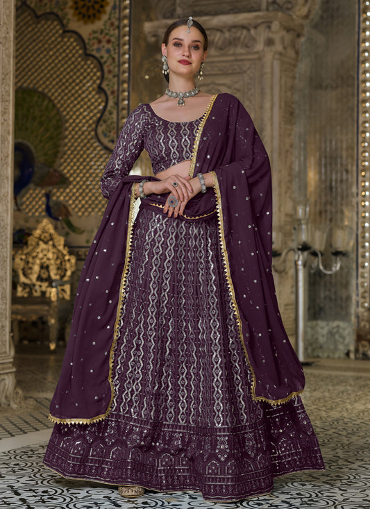 Burgundy Pure Georgette Sequins Embroidered Designer Lehenga Choli