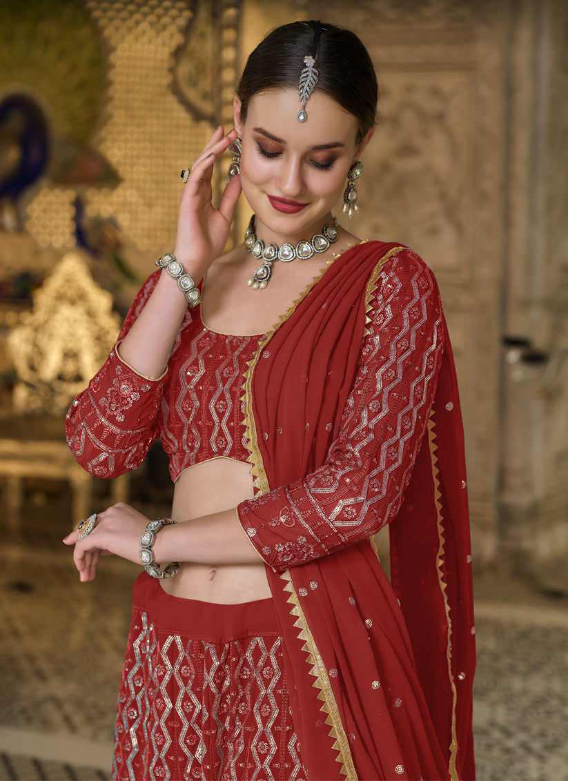 Red Pure Georgette Sequins Embroidered Designer Lehenga Choli