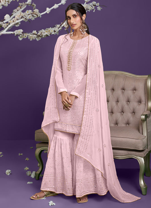 Blush Pink Pure Georgette Embroidered Sarara Kameez