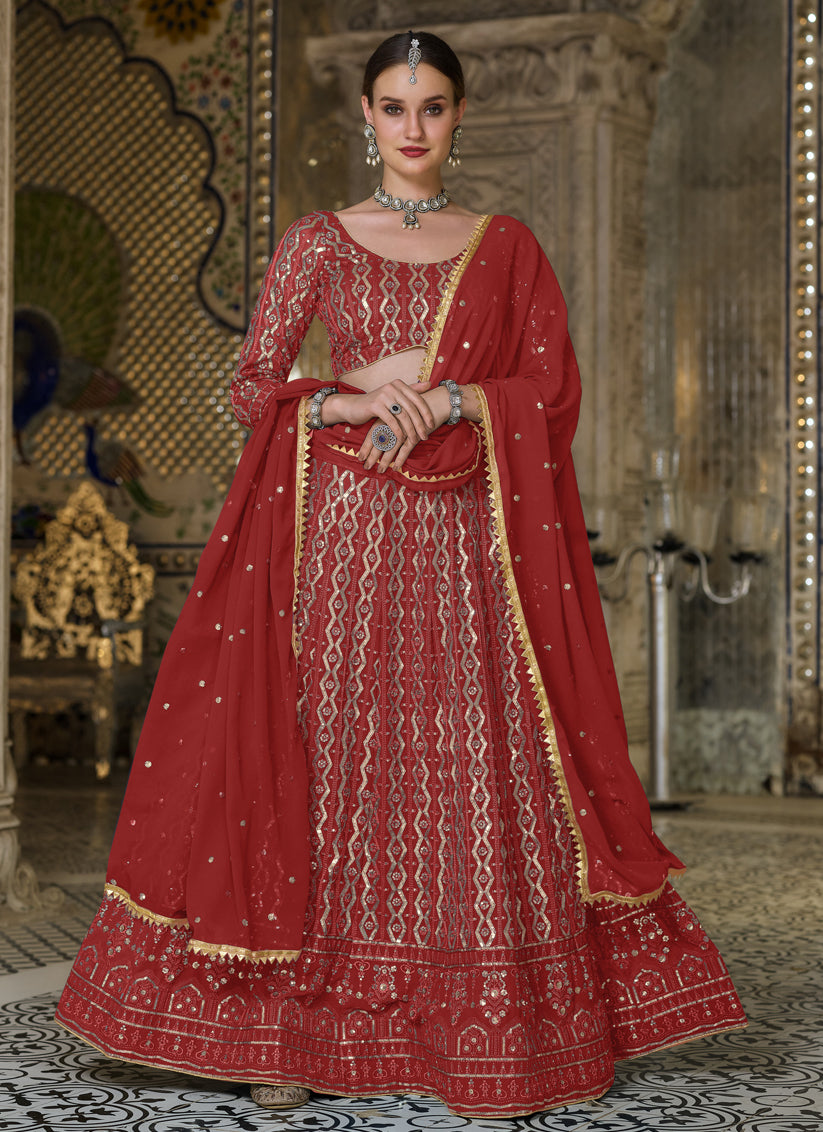 Red Pure Georgette Sequins Embroidered Designer Lehenga Choli