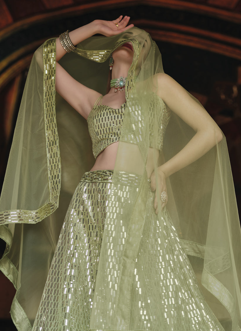 Sage Green Net Sequins Designer Lehenga Choli