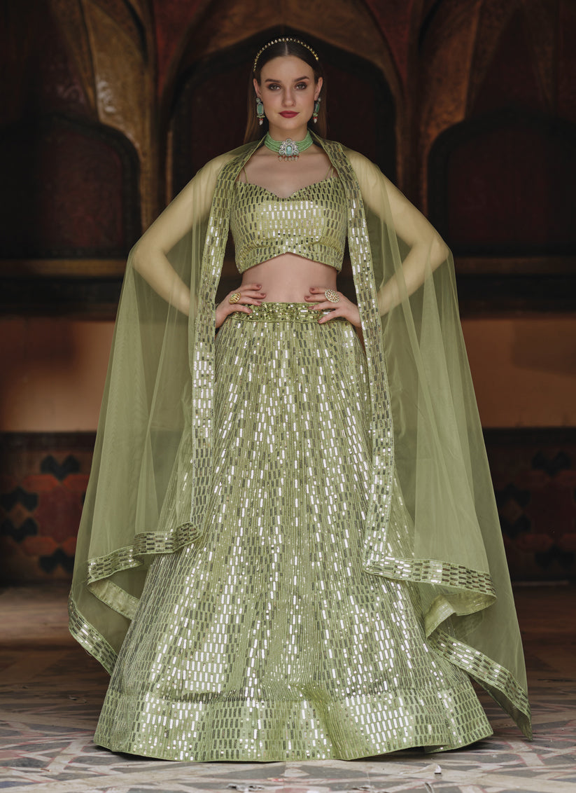 Sage Green Net Sequins Designer Lehenga Choli