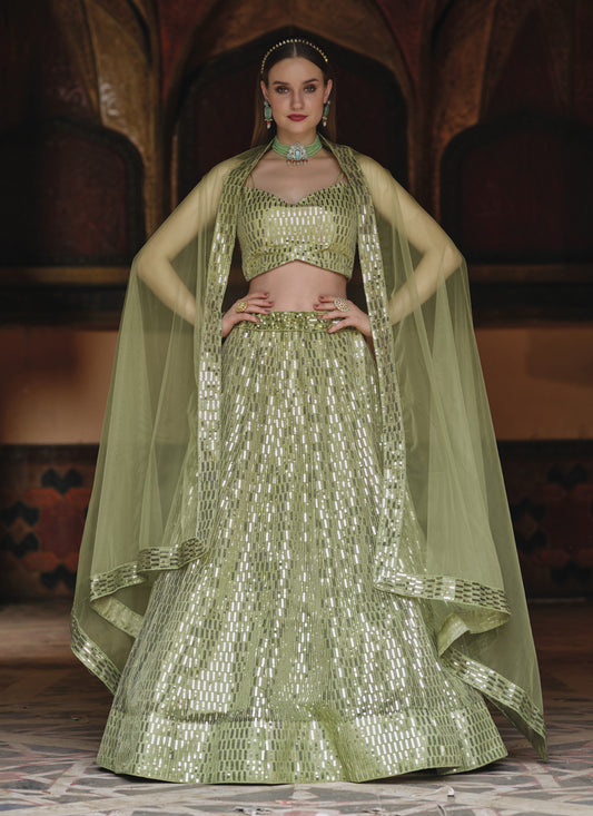 Sage Green Net Sequins Designer Lehenga Choli