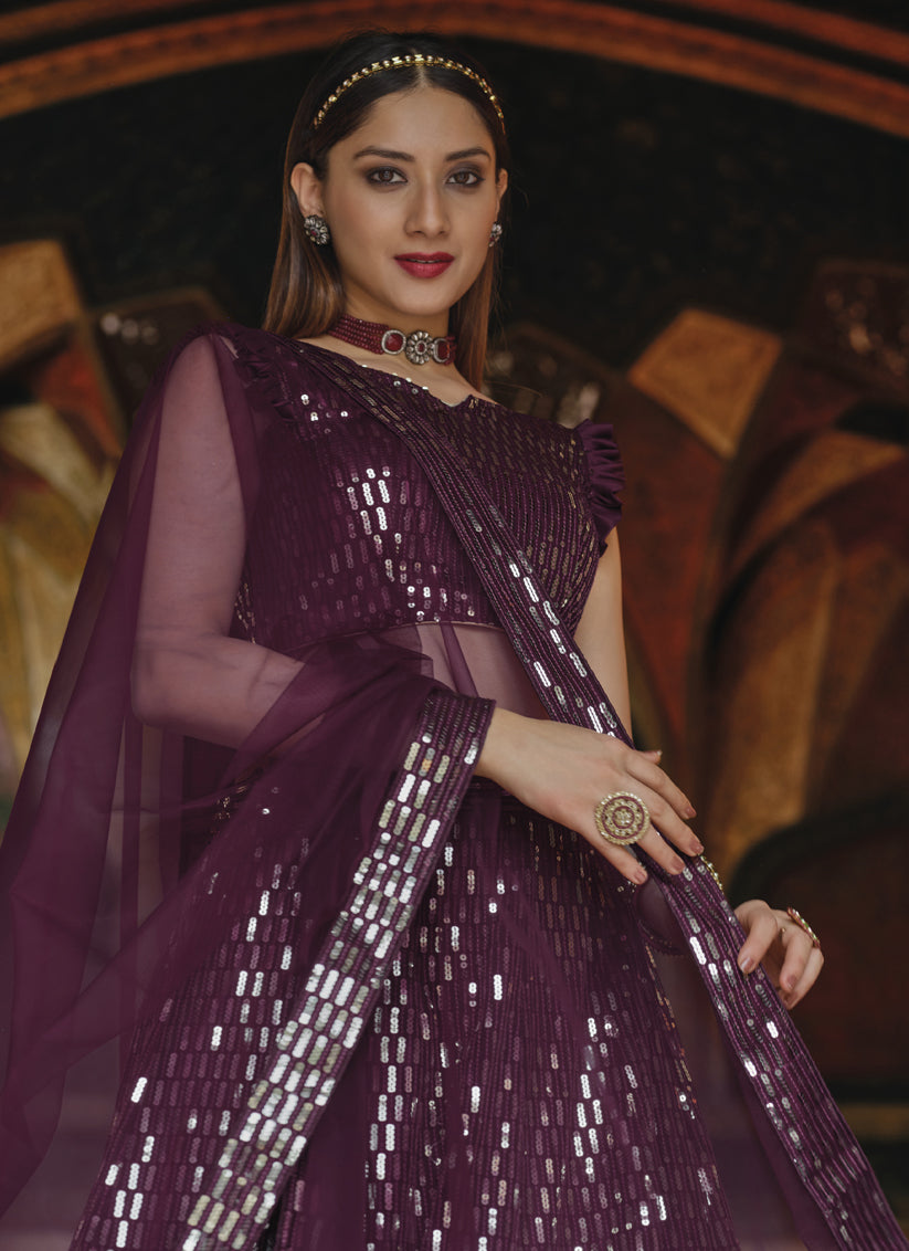 Burgundy Net Sequins Designer Lehenga Choli