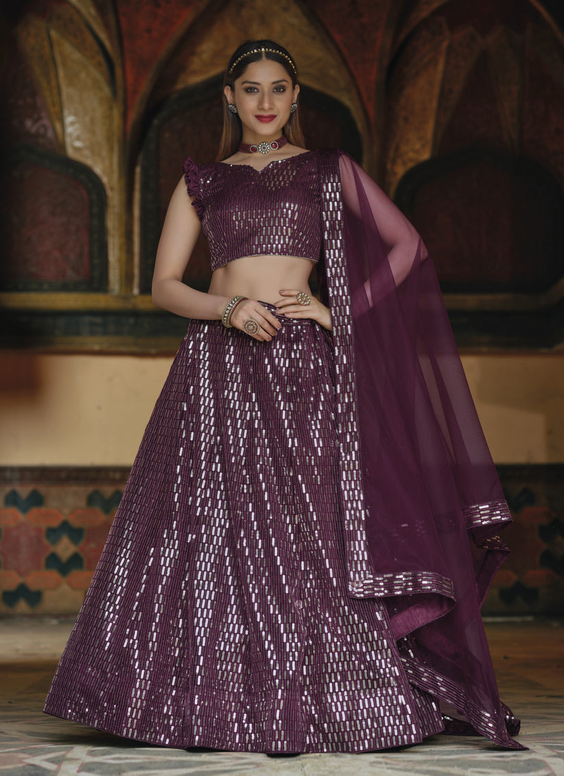 Burgundy Net Sequins Designer Lehenga Choli