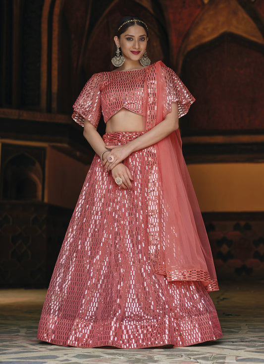 Coral Pink Net Sequins Designer Lehenga Choli