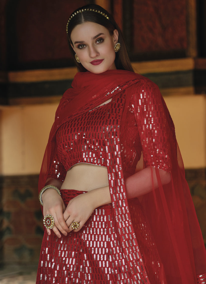 Rust Red Net Sequins Designer Lehenga Choli