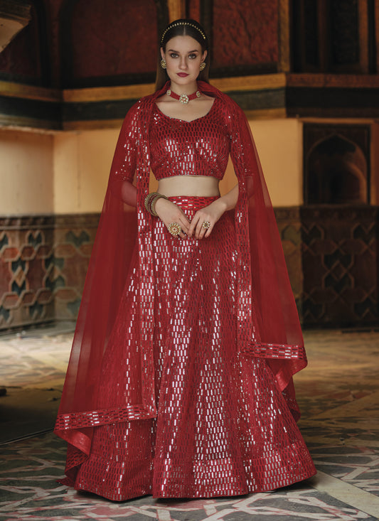 Rust Red Net Sequins Designer Lehenga Choli