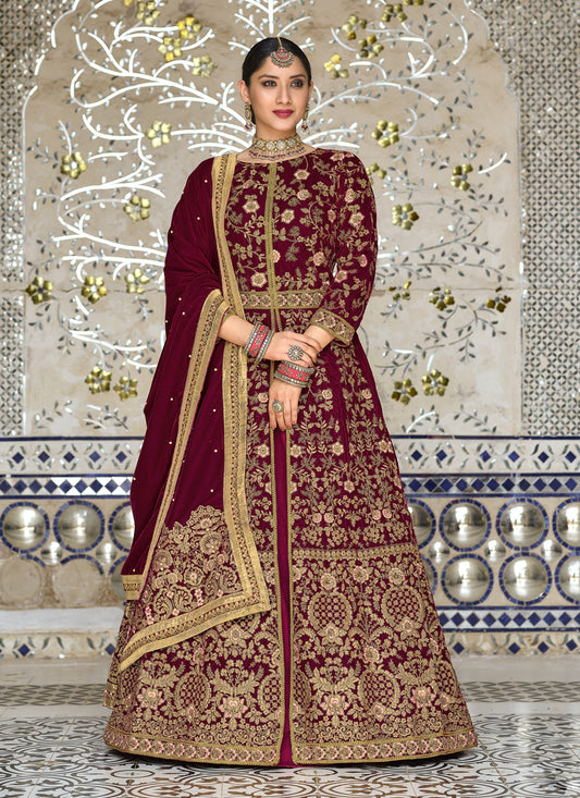 Maroon Velvet Embroidered Designer Anarkali Suit