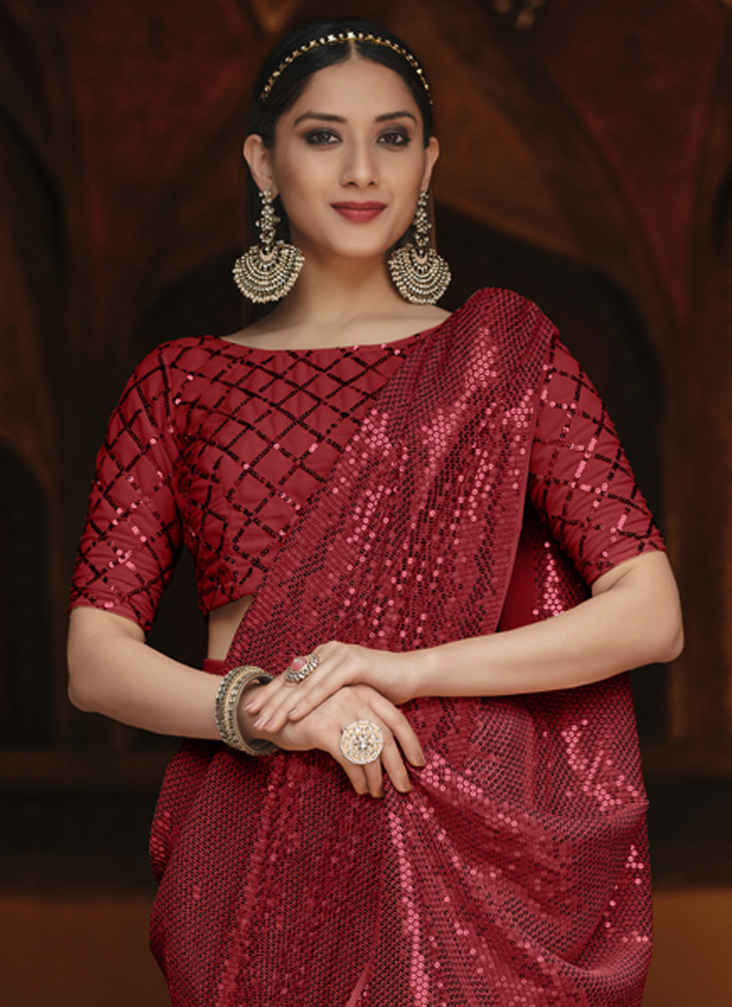 Cherry Red Georgette Sequins Party Wear Saree