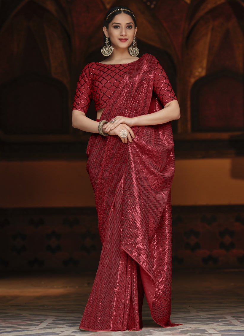 Cherry Red Georgette Sequins Party Wear Saree