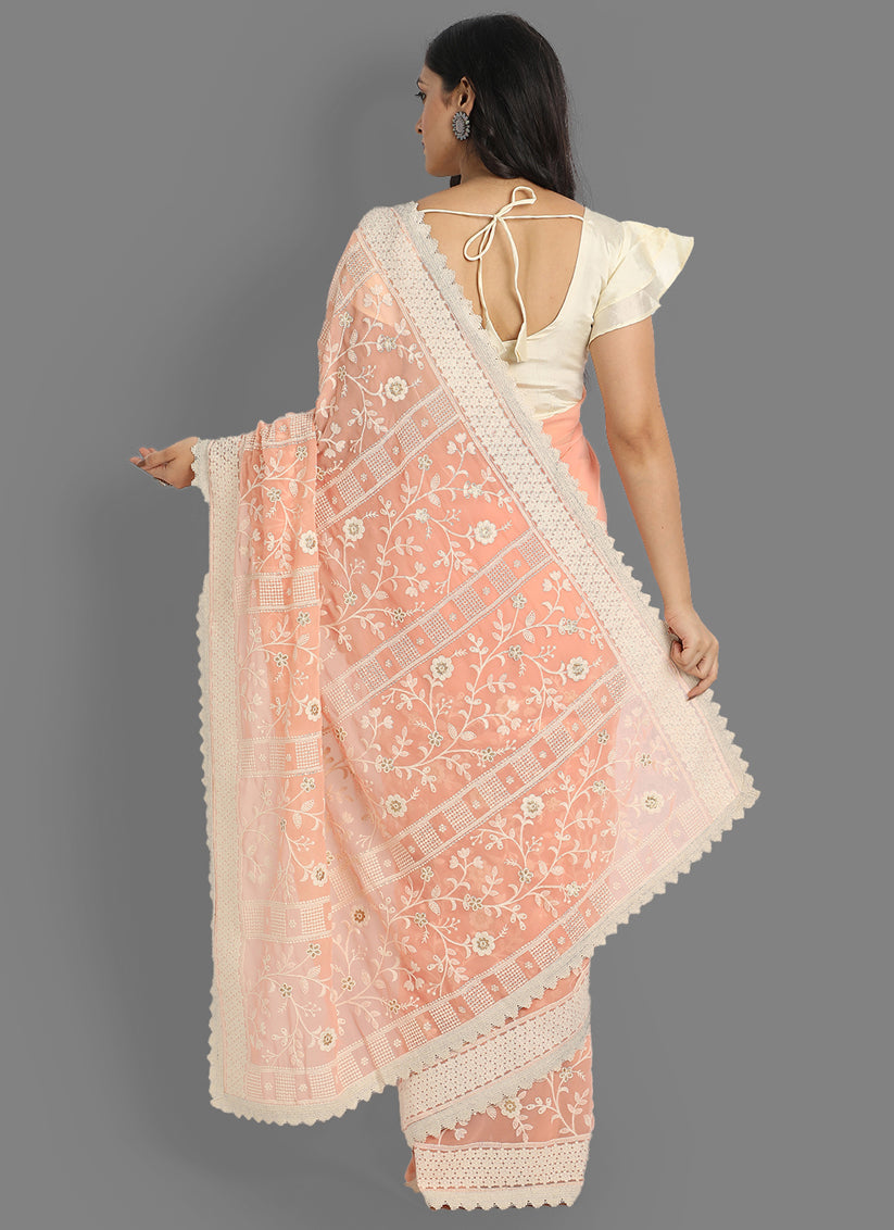 Peach Faux Georgette Lakhnavi Work Saree