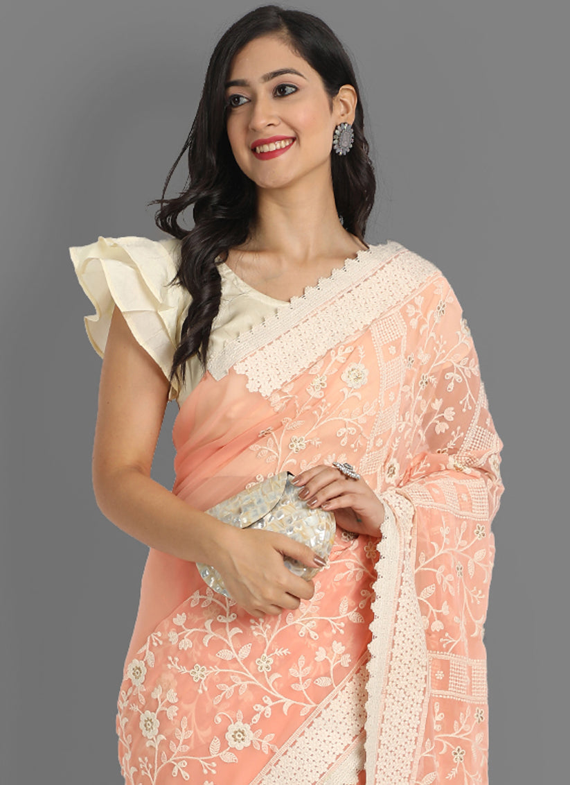 Peach Faux Georgette Lakhnavi Work Saree