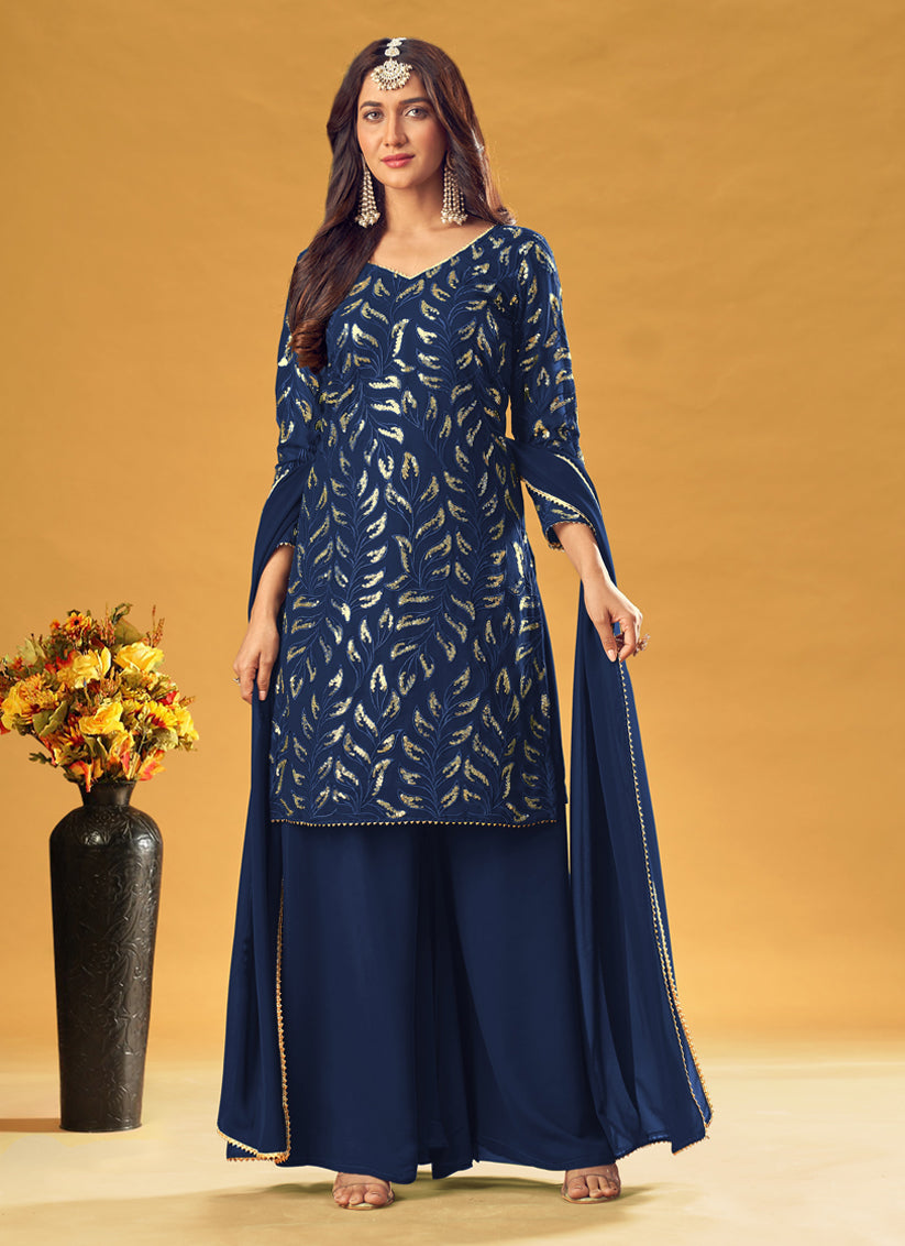 Navy Blue Faux Georgette Sequins Palazzo Kameez