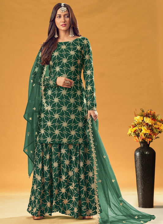 Bottle Green Faux Georgette Embroidered Palazzo Kameez