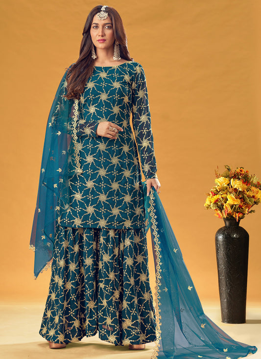 Peacock Blue Faux Georgette Embroidered Palazzo Kameez