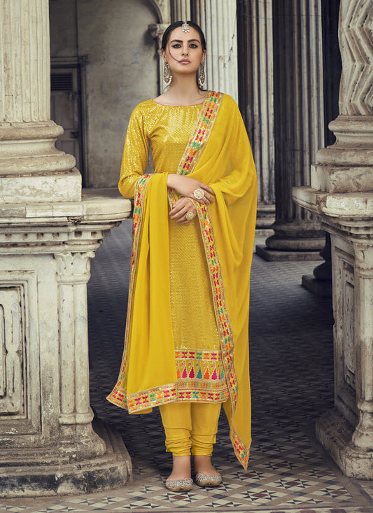 Yellow Georgette Embroidered Churidar Kameez With Dupatta