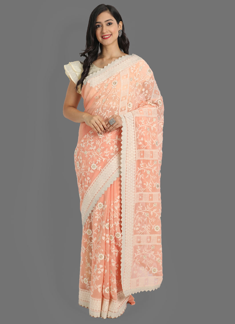 Peach Faux Georgette Lakhnavi Work Saree