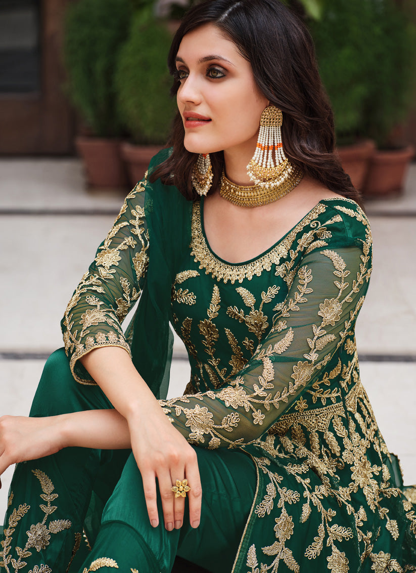 Forest Green Net Embroidered Ready Made Pant Kameez