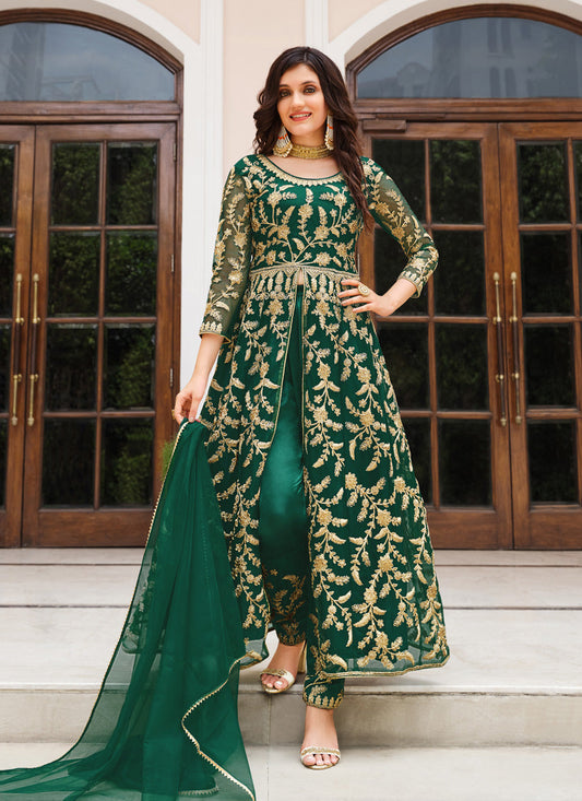 Forest Green Net Embroidered Ready Made Pant Kameez