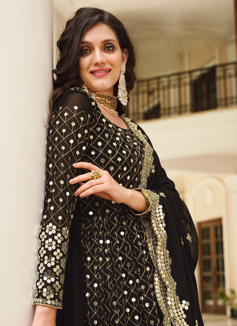 Black Georgette Embroidered Ready Made Pant Kameez