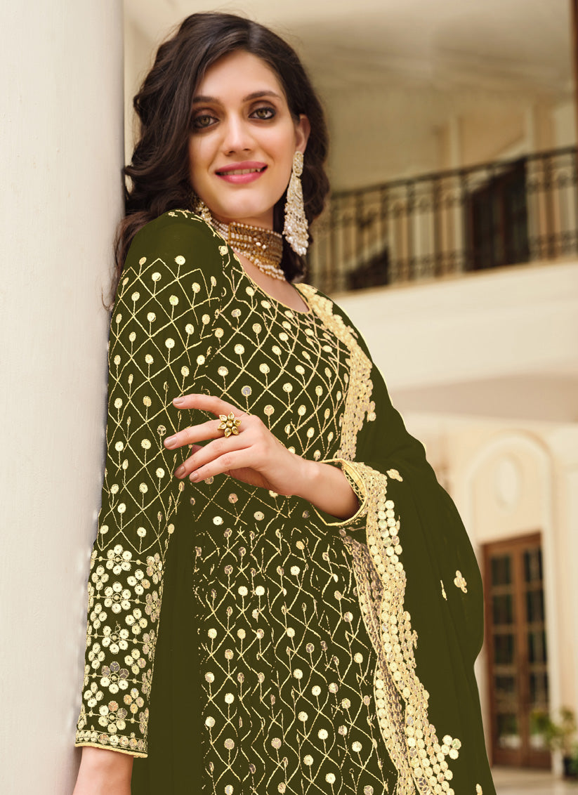 Mehendi Green Georgette Embroidered Pant Kameez