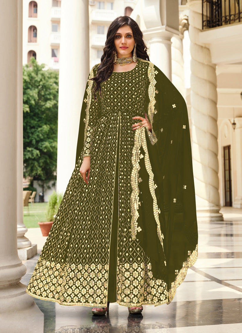 Mehendi Green Georgette Embroidered Pant Kameez