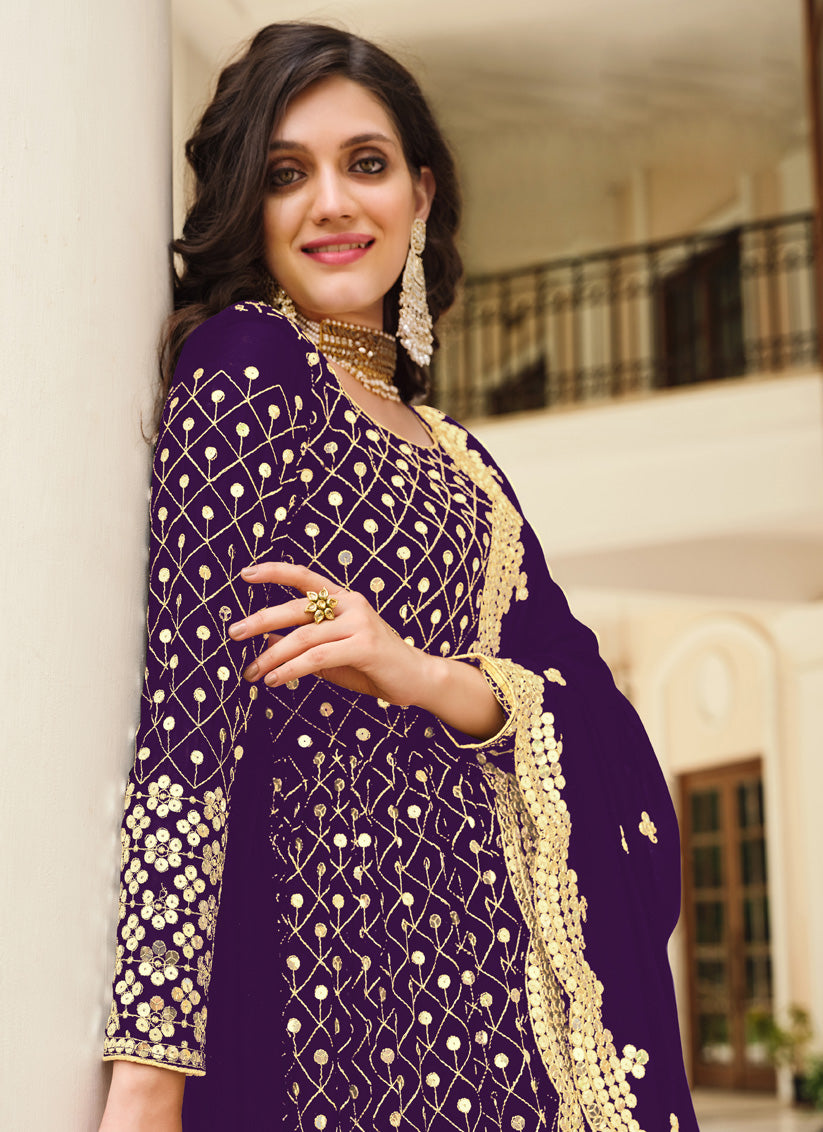 Eggplant Georgette Embroidered Pant Kameez