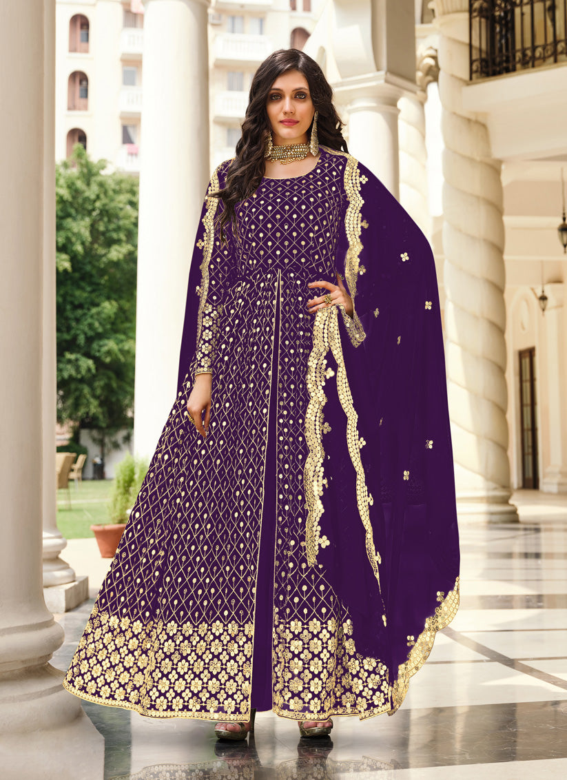 Eggplant Georgette Embroidered Pant Kameez