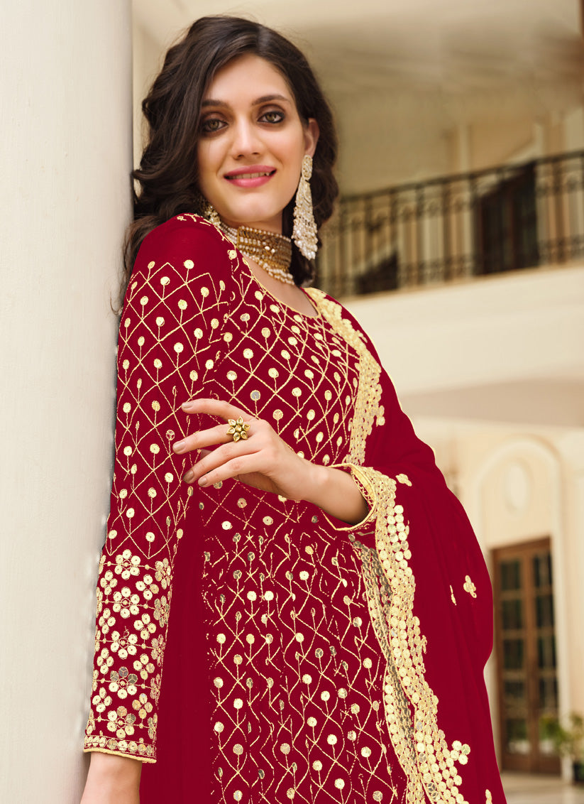 Red Georgette Embroidered Pant Kameez